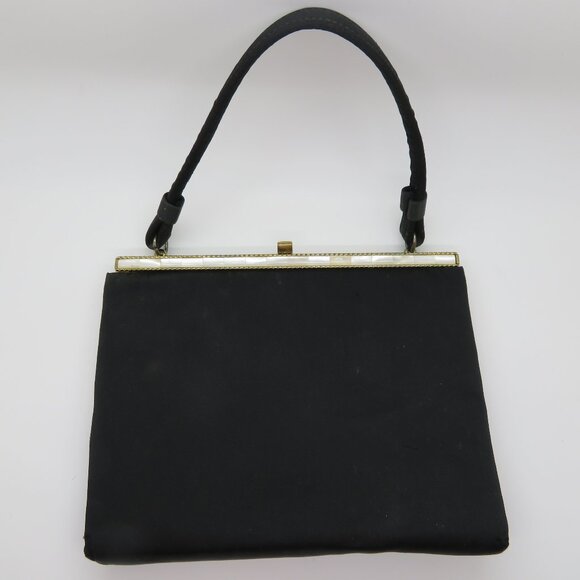 Vintage Handheld Black Satin Purse Bag After Five Mother Pearl Frame Top Handle - Picture 1 of 16